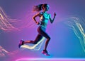full length portrait of active young caucasian running jogging man on in neon. Generative AI
