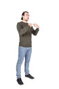 Full length portrait of amazed and perplexed man pointing index fingers to himself, looking confused to camera isolated on white Royalty Free Stock Photo