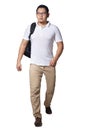 Full length portrait of Asian man wearing white shirt, khaki jeans and backpack standing walking, front view Royalty Free Stock Photo