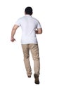 Full length portrait of Asian man wearing white shirt and khaki jeans standing running, rear view Royalty Free Stock Photo