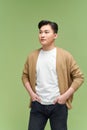 Full length portrait of asian young smiling man standing on green background Royalty Free Stock Photo