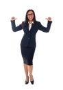 Full length portrait of beautiful asian business woman in glasses showing ok gesture with thumbs up isolated on white background Royalty Free Stock Photo