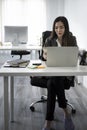 Full length portrait beautiful businesswoman sitting at office desk and using laptop computer. Royalty Free Stock Photo