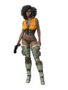 Full length portrait of a beautiful futuristic fantasy soldier woman holding a pistol. Isolated 3D illustration