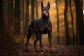 Full length portrait of beautiful powerful Doberman Pinscher while walking in the park