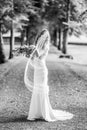 Full length portrait of beautiful sensual young blond bride in long white wedding dress and veil, holding bouquet Royalty Free Stock Photo