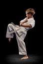 Full-length portrait of boy training martial arts  over black background Royalty Free Stock Photo