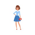 Portrait of brunette caucasian woman with red handbag. Cartoon female character dressed in blue skirt and sweater with Royalty Free Stock Photo