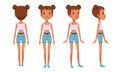 Full Length Portrait of Cheerful Girl Character in Fashionable Clothes from Different Sides Front, Back and Side View