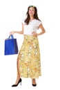 Full length cool young asian woman posing with shopping bags against isolated white background Royalty Free Stock Photo