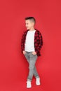 Full length portrait of cute little boy on red background Royalty Free Stock Photo