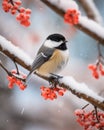 Full length portrait cute titmouse bird with red chest in snowy forest on snow-covered rowan branch