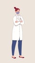 Full-length portrait of famale doctor, surgeon, laboratory assistant in lab coat with stethoscope on white background.
