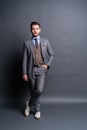 Full length portrait of a fashion male model over grey background. Looking at camera. Royalty Free Stock Photo