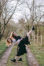 Full length portrait, the girl holds another girl on her back, Having fun together, positive emotions, bright colors. two Royalty Free Stock Photo