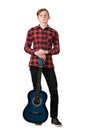 Full length portrait of handsome teenage guy posing with his favourite blue acoustic guitar isolated on white background. Music Royalty Free Stock Photo