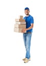 Full length portrait of happy delivery man holding stack of card