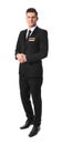 Full length portrait of happy receptionist in uniform on background Royalty Free Stock Photo