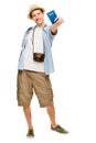 Full length portrait of happy tourist photographer man on white