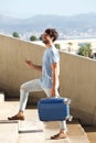 Happy travel man walking with suitcase and mobile phone Royalty Free Stock Photo