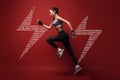 Do your best. Sportswoman jumping over red background, isolated. Graphic drawing.