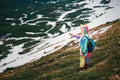 Female hiker in unicorn costume talking selfie in mountains Royalty Free Stock Photo