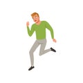 Horrified man running away from something. Young guy with frightened face expression. Flat vector design