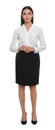 Full length portrait of hostess in uniform on white background