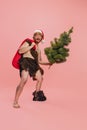 Full-length portrait of joyful man, neanderthal wearing red holiday hat, holding Christmas tree and log isolated over