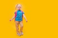 Full-length portrait of little caucasian girl with backpack on yellow background. Junior high school student with two ponytails. Royalty Free Stock Photo