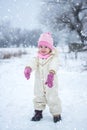 Full length portrait of little girl playing on snow in winter park. Royalty Free Stock Photo