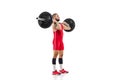 Full length portrait of man in red sportswear exercising with a weight isolated on white background. Sport Royalty Free Stock Photo