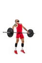 Full length portrait of man in red sportswear exercising with a weight isolated on white background. Sport Royalty Free Stock Photo