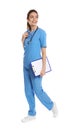 Full length portrait of medical doctor with clipboard and stethoscope on white