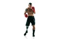 Full length portrait of muscular sportsman with prosthetic leg, copy space. Male boxer in red gloves. Royalty Free Stock Photo