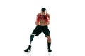 Full length portrait of muscular sportsman with prosthetic leg, copy space. Male boxer in red gloves. Royalty Free Stock Photo