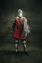 Full length portrait. One medeival warrior or knight in armor and helmet with shield and sword Royalty Free Stock Photo