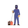 Full length portrait of professional welder engineer wearing safety mask with torch of weld machine