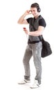 Full length portrait school boy phone isolated