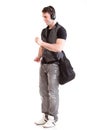 Full length portrait school boy phone isolated