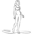 Full length portrait of a slender woman in a swimsuit.