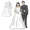 Full length portrait of a smiling beautiful bride and a groom by her side vector illustration sketch doodle hand drawn with black Royalty Free Stock Photo