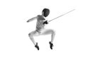 Full-length portrait of sportive man, professional fencer in fencing costume and protective helmet mask in motion