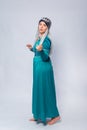 Full length portrait of a standing back princess in a medieval, fantasy, turquoise dress with ash hair and a silver crown