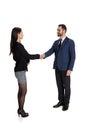 Full-length portrait of two employees, partners shaking hads due to successful business deal isolated over white Royalty Free Stock Photo