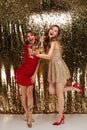 Full length portrait of two smiling cheery girls Royalty Free Stock Photo