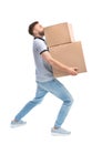 Full length portrait of young man carrying carton boxes Royalty Free Stock Photo