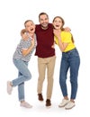 Full length portrait of young people laughing on white Royalty Free Stock Photo