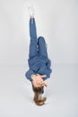 Full length portrait of young sporty fitness women in blue cotton hooded sweatsuit casual outfit. studio shot of blonde