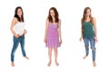 Full length portraits of three beautiful girls wearing casual summer clothes Royalty Free Stock Photo